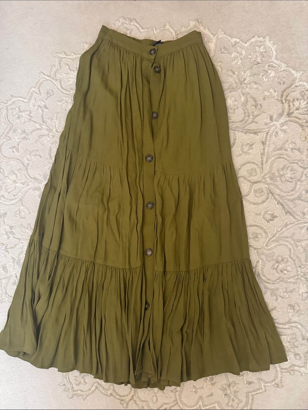 French Connection Olive Tiered Button-Front Maxi Skirt